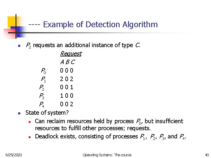 ---- Example of Detection Algorithm n n 9/25/2020 P 2 requests an additional instance ---- Example of Detection Algorithm n n 9/25/2020 P 2 requests an additional instance