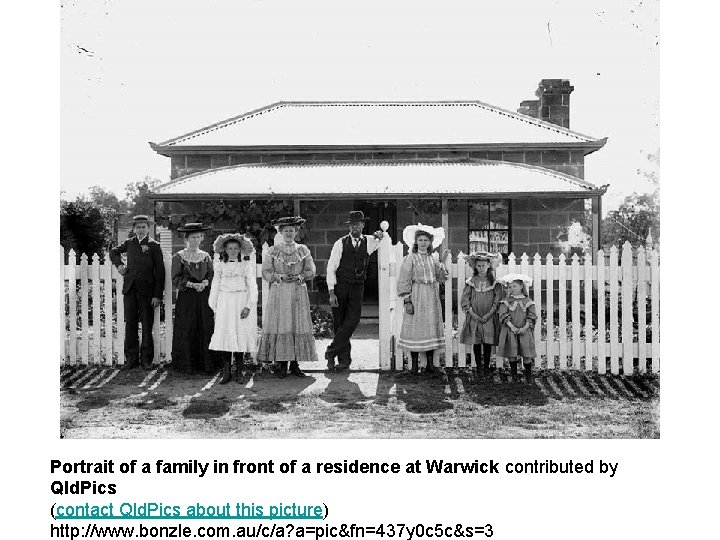 Portrait of a family in front of a residence at Warwick contributed by Qld.