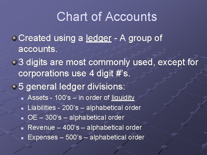 Chart of Accounts Created using a ledger - A group of accounts. 3 digits