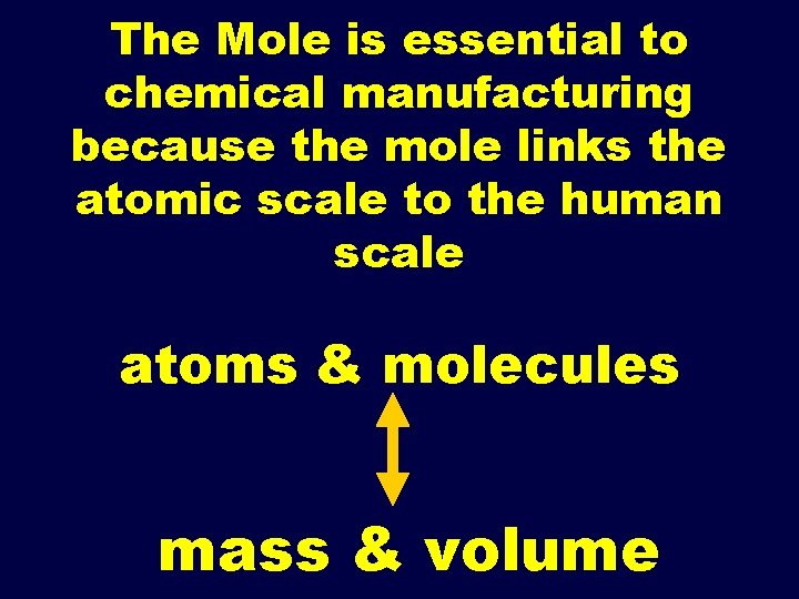 The Mole is essential to chemical manufacturing because the mole links the atomic scale