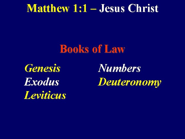 Matthew 1: 1 – Jesus Christ Books of Law Genesis Exodus Leviticus Numbers Deuteronomy