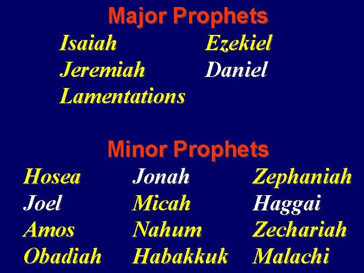 Major Prophets Isaiah Ezekiel Jeremiah Daniel Lamentations Minor Prophets Hosea Jonah Zephaniah Joel Micah