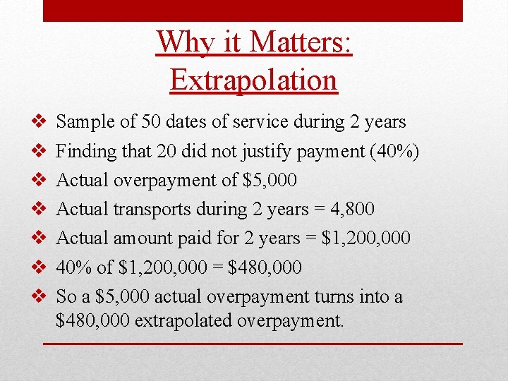 Why it Matters: Extrapolation Sample of 50 dates of service during 2 years Finding