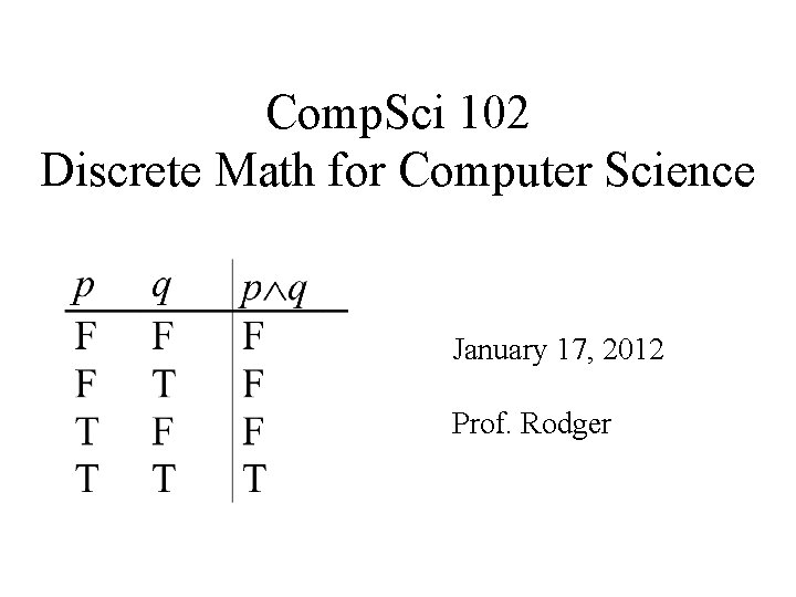 Comp. Sci 102 Discrete Math for Computer Science January 17, 2012 Prof. Rodger 