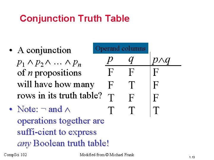 Topic #1. 0 – Propositional Logic: Operators Conjunction Truth Table Operand columns • A