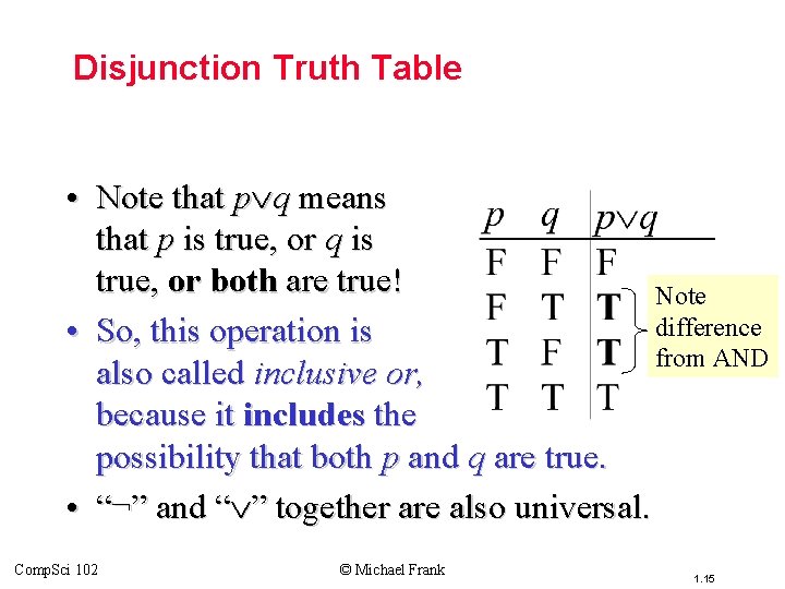 Topic #1. 0 – Propositional Logic: Operators Disjunction Truth Table • Note that p