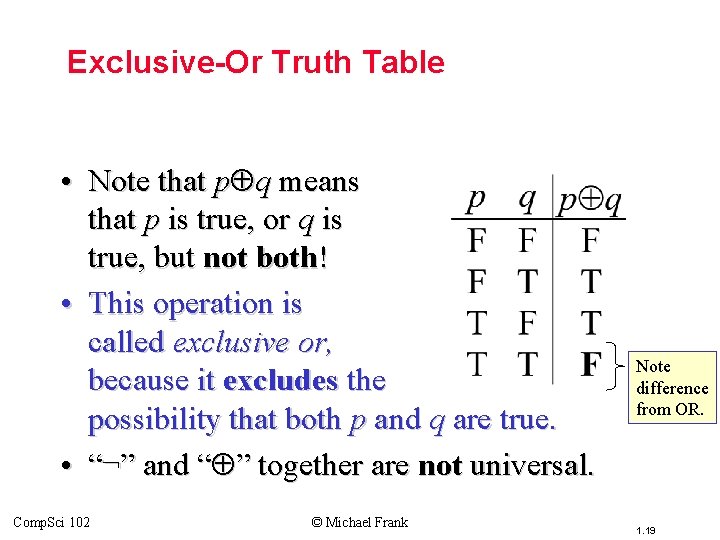 Topic #1. 0 – Propositional Logic: Operators Exclusive-Or Truth Table • Note that p