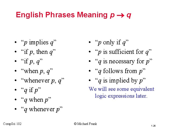 Topic #1. 0 – Propositional Logic: Operators English Phrases Meaning p q • •