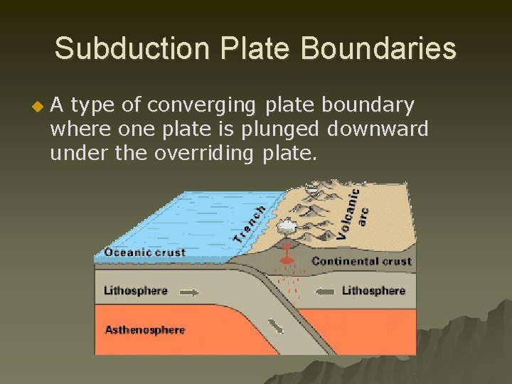 Subduction Plate Boundaries u A type of converging plate boundary where one plate is