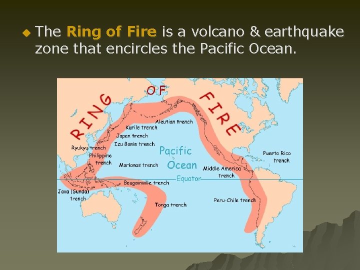 u The Ring of Fire is a volcano & earthquake zone that encircles the