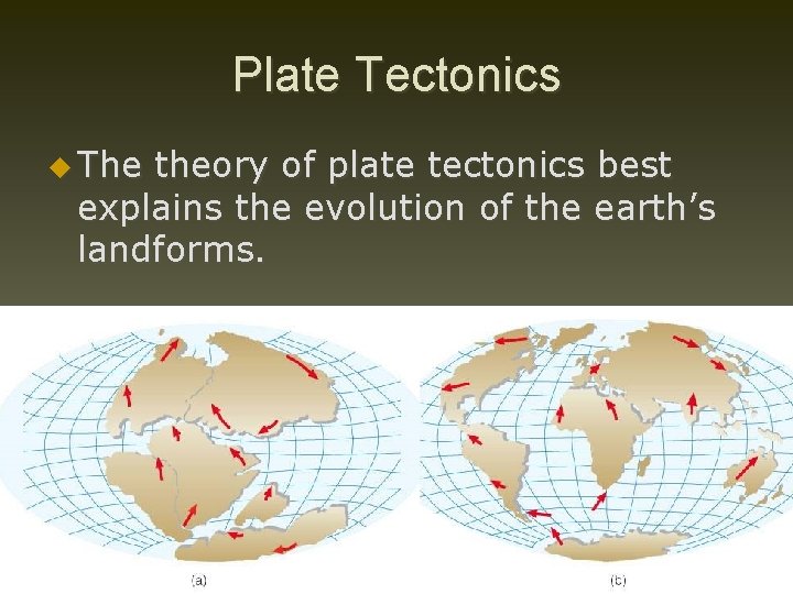 Plate Tectonics u The theory of plate tectonics best explains the evolution of the