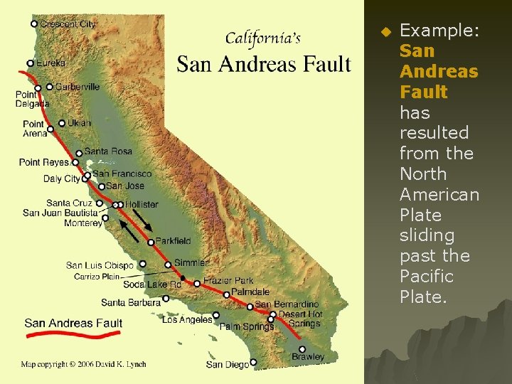 u Example: San Andreas Fault has resulted from the North American Plate sliding past