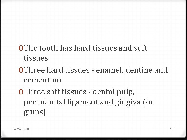 0 The tooth has hard tissues and soft tissues 0 Three hard tissues -