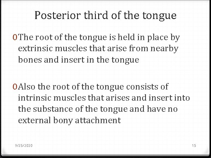 Posterior third of the tongue 0 The root of the tongue is held in