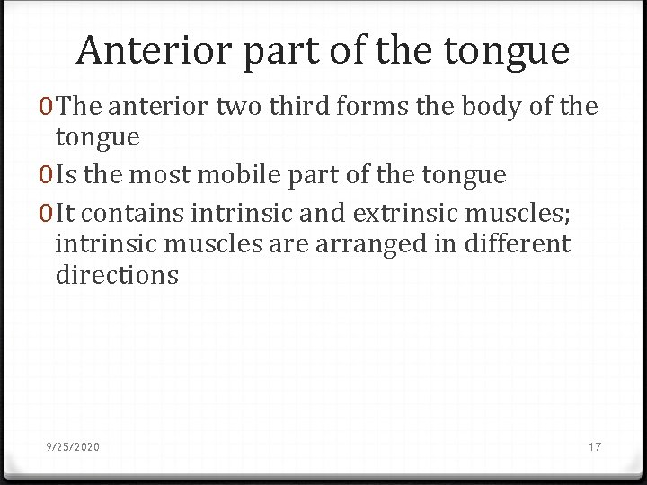 Anterior part of the tongue 0 The anterior two third forms the body of