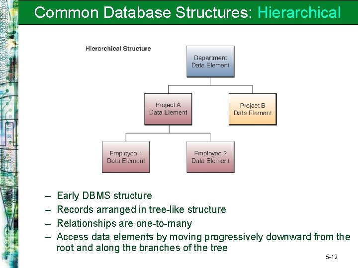 Common Database Structures: Hierarchical – – Early DBMS structure Records arranged in tree-like structure