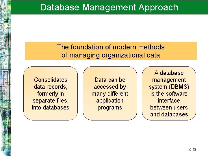 Database Management Approach The foundation of modern methods of managing organizational data Consolidates data