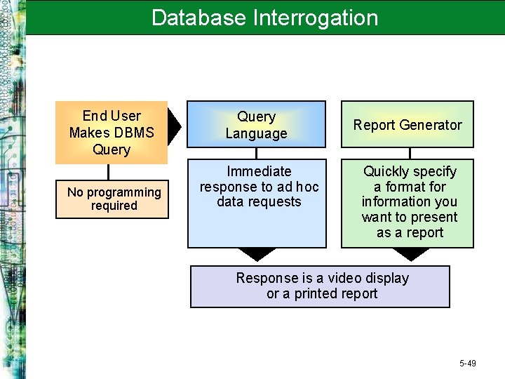 Database Interrogation End User Makes DBMS Query No programming required Query Language Immediate response