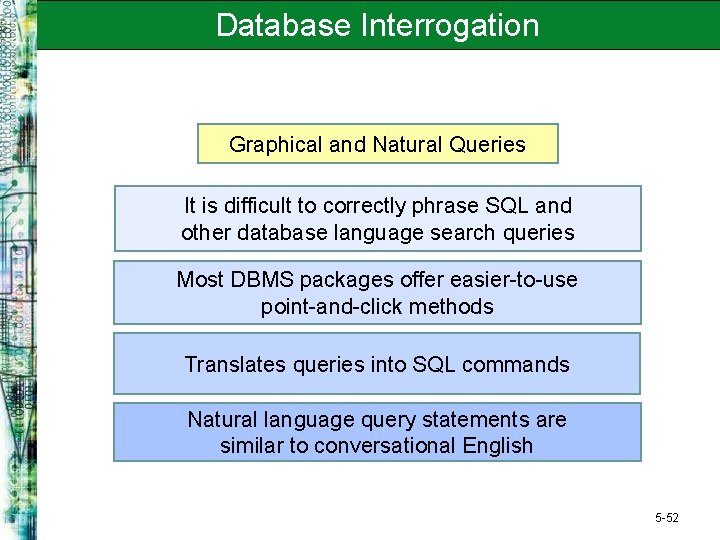 Database Interrogation Graphical and Natural Queries It is difficult to correctly phrase SQL and