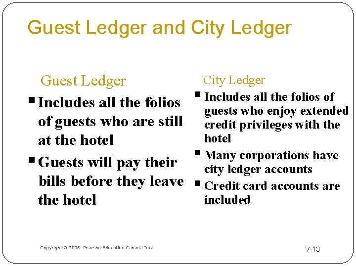 Guest Ledger and City Ledger Guest Ledger all the folios of § Includes all