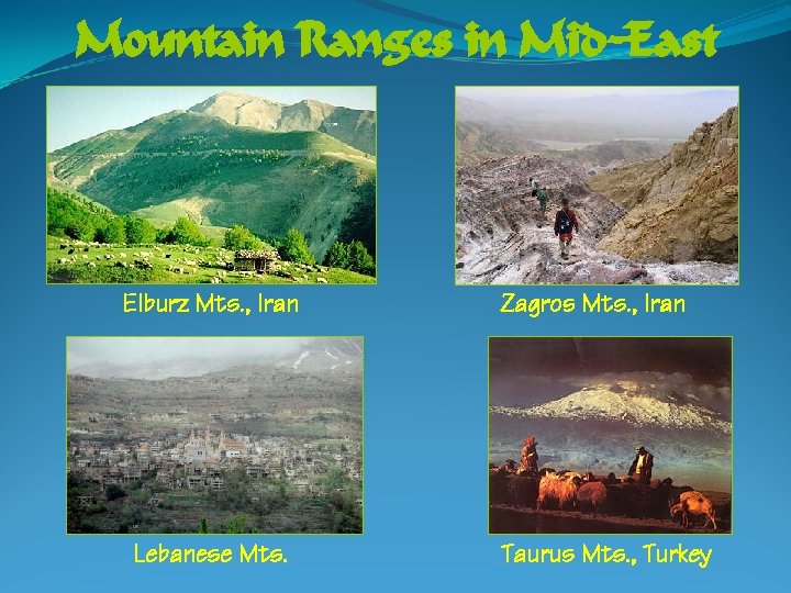 Mountain Ranges in Mid-East Elburz Mts. , Iran Lebanese Mts. Zagros Mts. , Iran