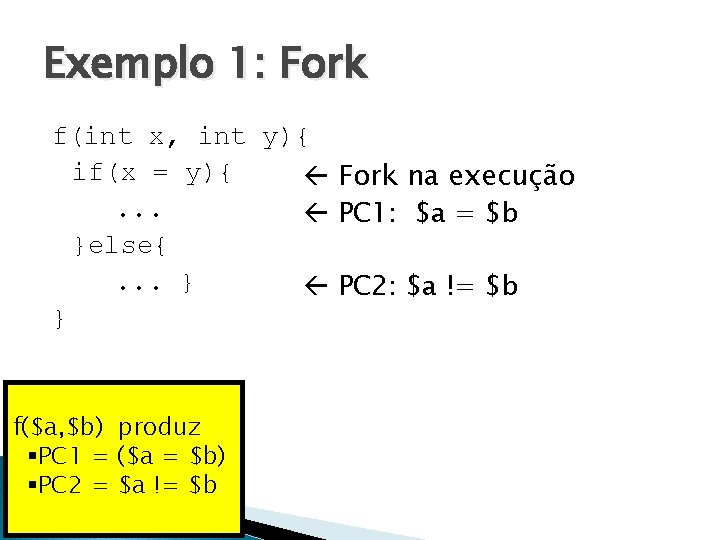 Exemplo 1: Fork f(int x, int y){ if(x = y){ Fork na execução. .