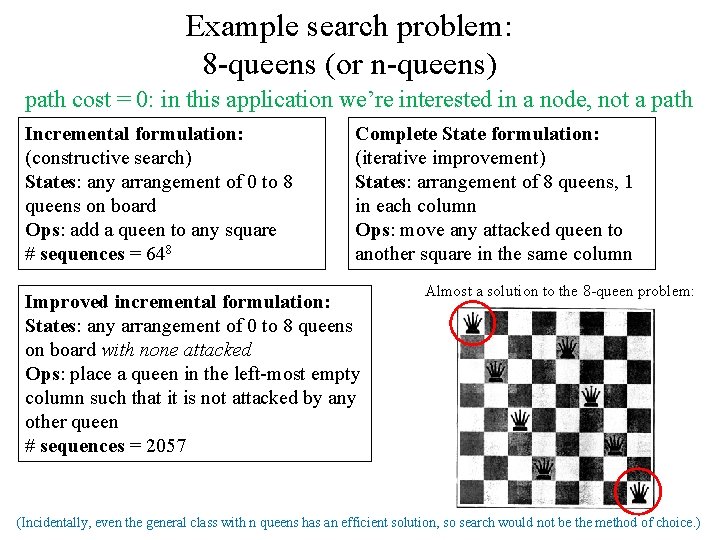 Example search problem: 8 -queens (or n-queens) path cost = 0: in this application