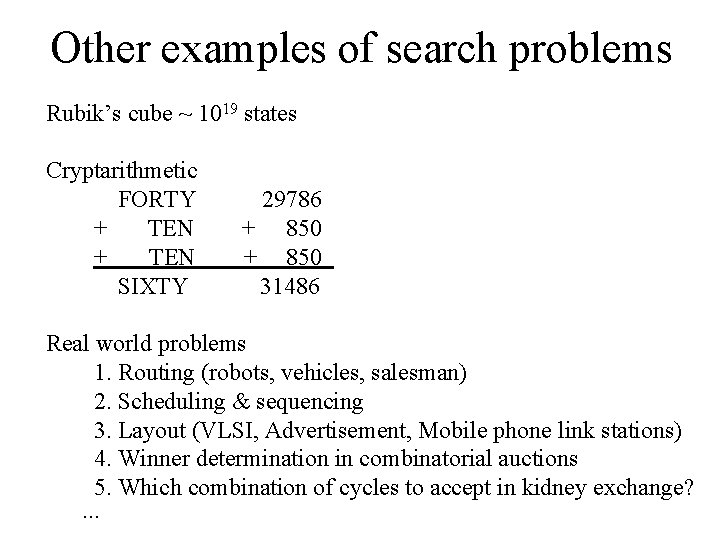 Other examples of search problems Rubik’s cube ~ 1019 states Cryptarithmetic FORTY 29786 +