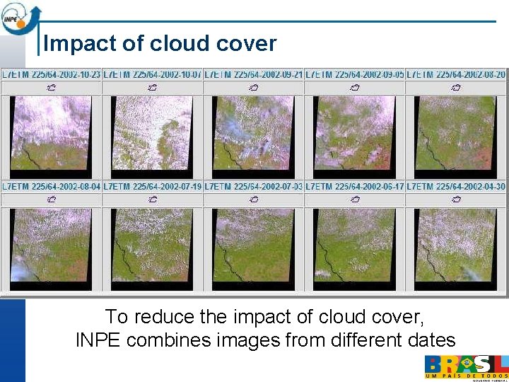 Impact of cloud cover To reduce the impact of cloud cover, INPE combines images Impact of cloud cover To reduce the impact of cloud cover, INPE combines images