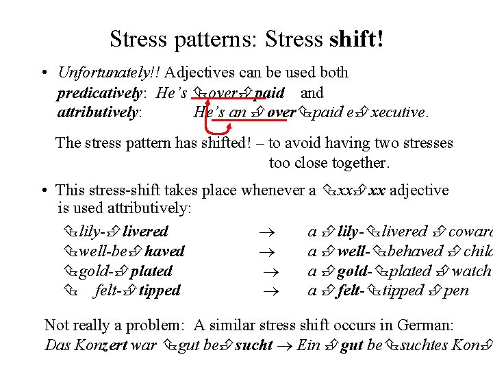 Stress patterns: Stress shift! • Unfortunately!! Adjectives can be used both predicatively: He’s over