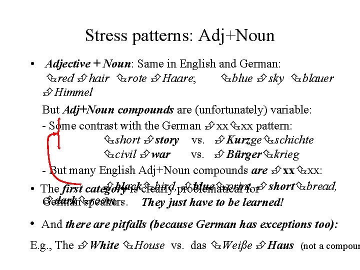 Stress patterns: Adj+Noun • Adjective + Noun: Same in English and German: red hair