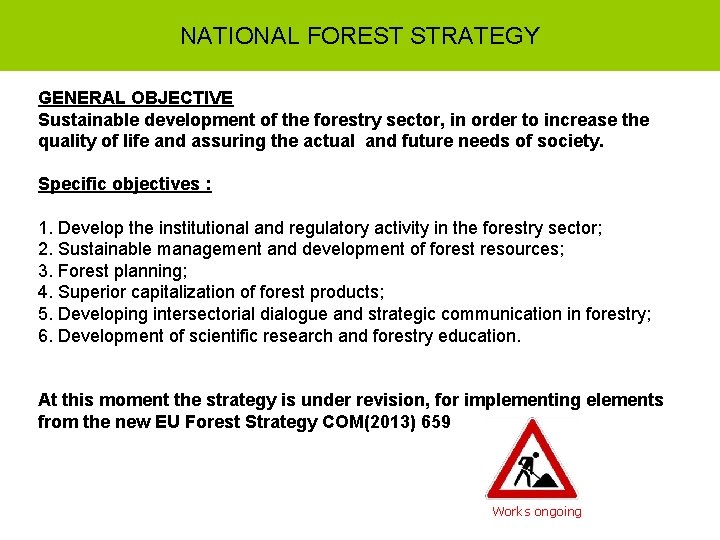 NATIONAL FOREST STRATEGY GENERAL OBJECTIVE Sustainable development of the forestry sector, in order to