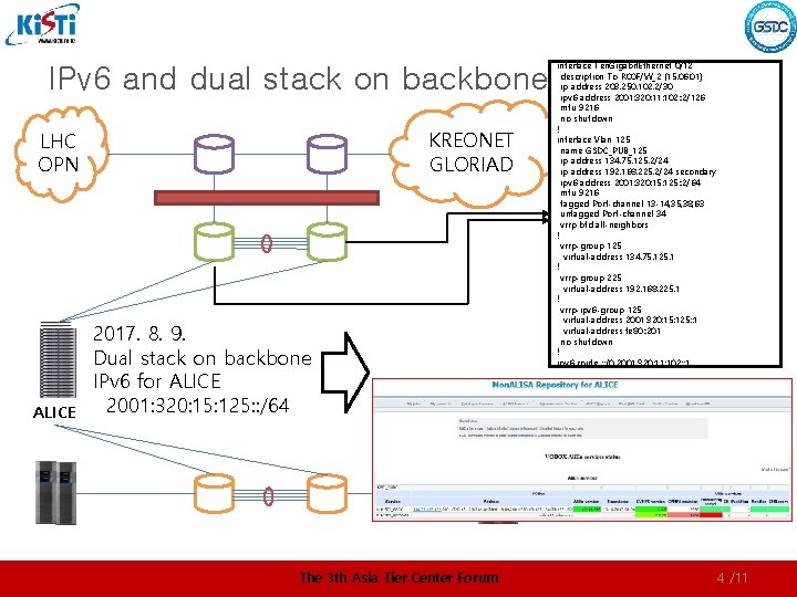 IPv 6 and dual stack on backbone KREONET GLORIAD LHC OPN ALICE 2017. 8.