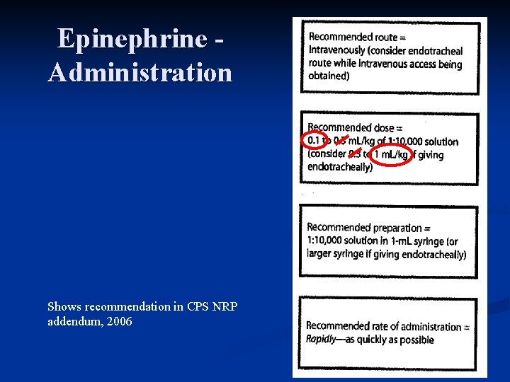 Epinephrine Administration Shows recommendation in CPS NRP addendum, 2006 