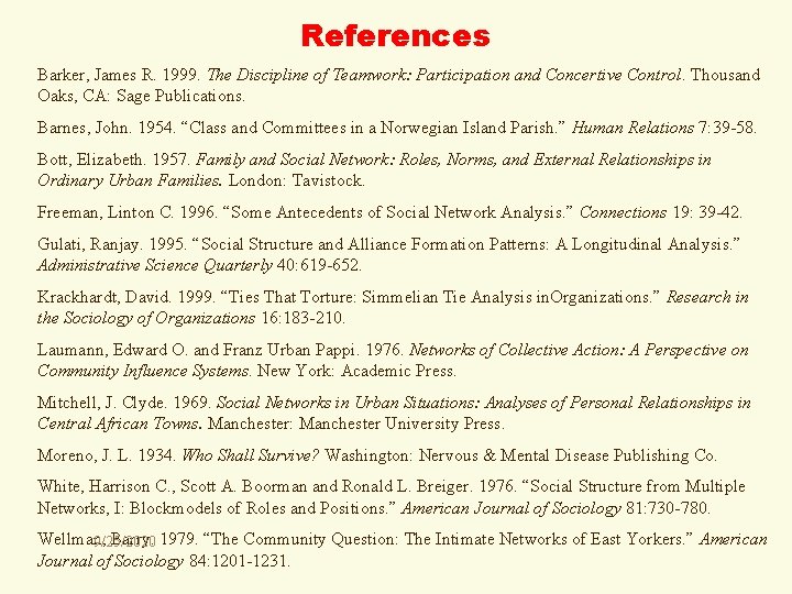 References Barker, James R. 1999. The Discipline of Teamwork: Participation and Concertive Control. Thousand