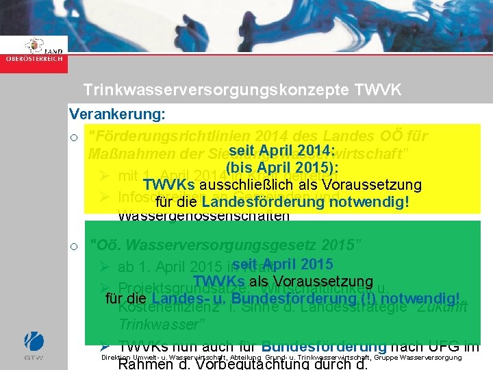 Trinkwasserversorgungskonzepte TWVK Verankerung: o "Förderungsrichtlinien 2014 des Landes OÖ für seit April 2014: Maßnahmen