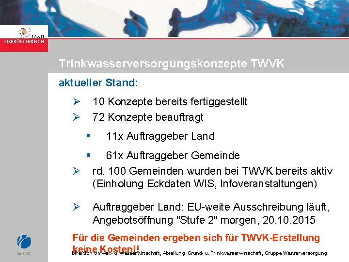 Trinkwasserversorgungskonzepte TWVK aktueller Stand: Ø Ø 10 Konzepte bereits fertiggestellt 72 Konzepte beauftragt §