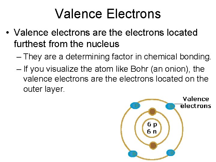 Valence Electrons • Valence electrons are the electrons located furthest from the nucleus –