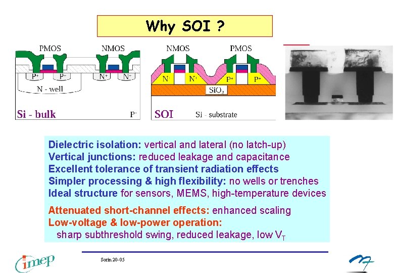 Why SOI ? Dielectric isolation: vertical and lateral (no latch-up) Vertical junctions: reduced leakage Why SOI ? Dielectric isolation: vertical and lateral (no latch-up) Vertical junctions: reduced leakage