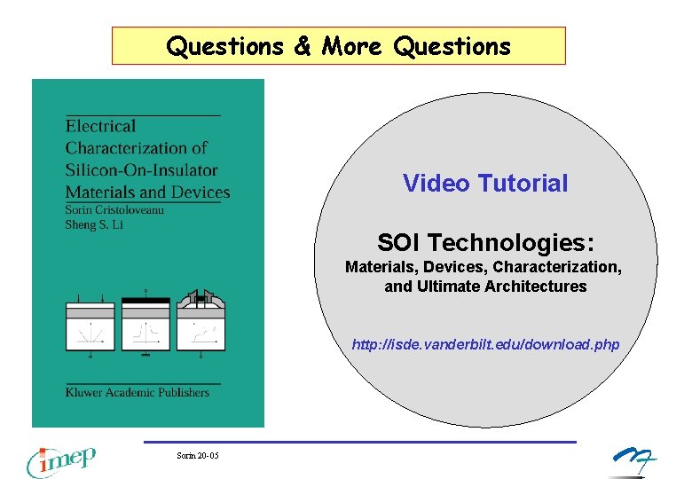 Questions & More Questions Video Tutorial SOI Technologies: Materials, Devices, Characterization, and Ultimate Architectures Questions & More Questions Video Tutorial SOI Technologies: Materials, Devices, Characterization, and Ultimate Architectures