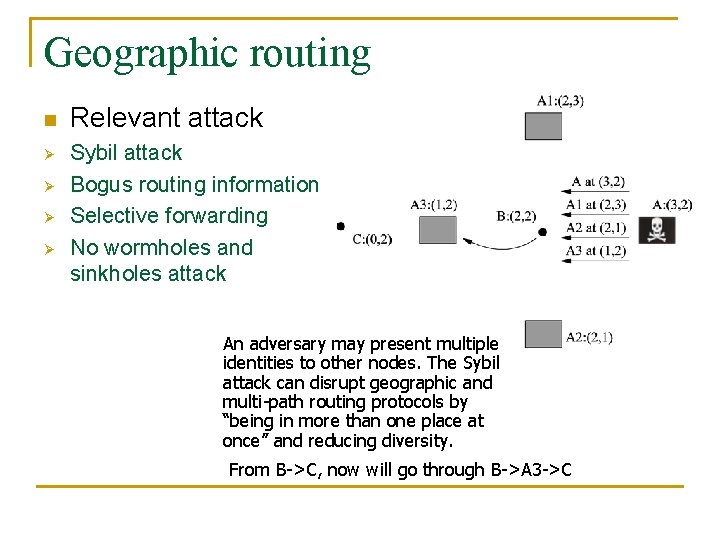 Geographic routing n Ø Ø Relevant attack Sybil attack Bogus routing information Selective forwarding