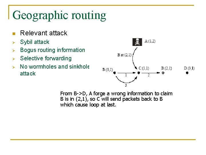 Geographic routing n Ø Ø Relevant attack Sybil attack Bogus routing information Selective forwarding