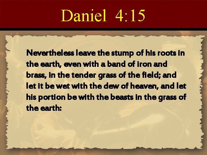 Daniel 4: 15 Nevertheless leave the stump of his roots in the earth, even
