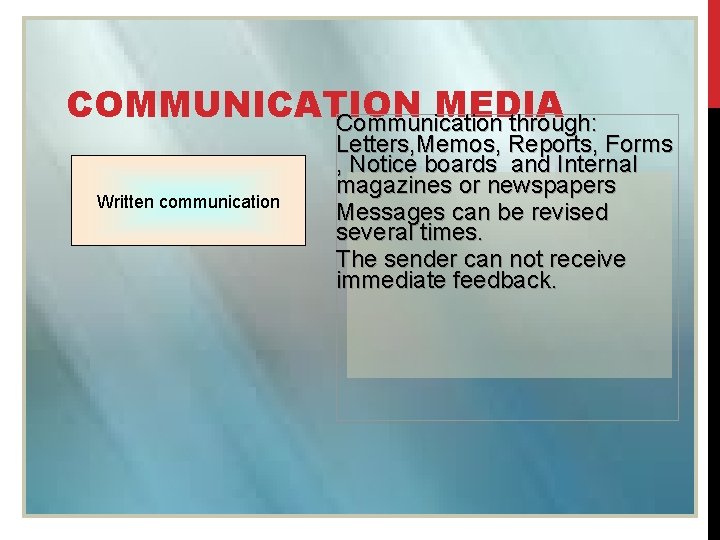 COMMUNICATION MEDIA Communication through: Written communication Letters, Memos, Reports, Forms , Notice boards and