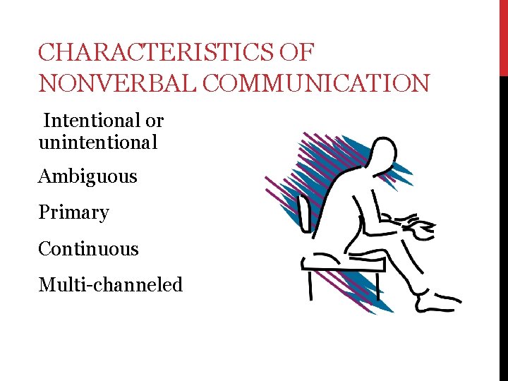 CHARACTERISTICS OF NONVERBAL COMMUNICATION Intentional or unintentional Ambiguous Primary Continuous Multi-channeled 