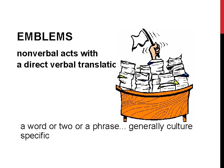 EMBLEMS nonverbal acts with a direct verbal translation a word or two or a
