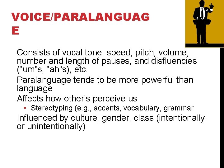 VOICE/PARALANGUAG E Consists of vocal tone, speed, pitch, volume, number and length of pauses,