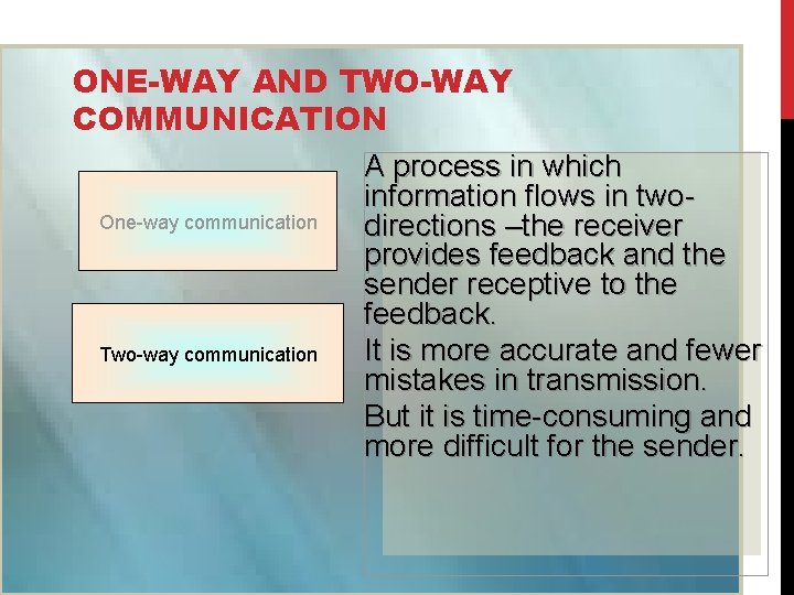 ONE-WAY AND TWO-WAY COMMUNICATION A process in which information flows in two. One-way communication