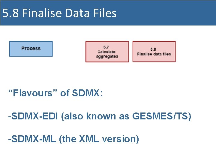 5. 8 Finalise Data Files “Flavours” of SDMX: -SDMX-EDI (also known as GESMES/TS) -SDMX-ML