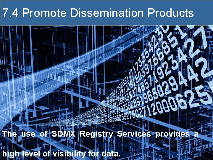 7. 4 Promote Dissemination Products The use of SDMX Registry Services provides a high